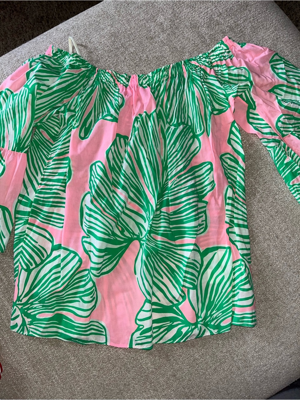Lilly Pulitzer Pink Off-Shoulder Blouse with Green Tropical Leaf Print